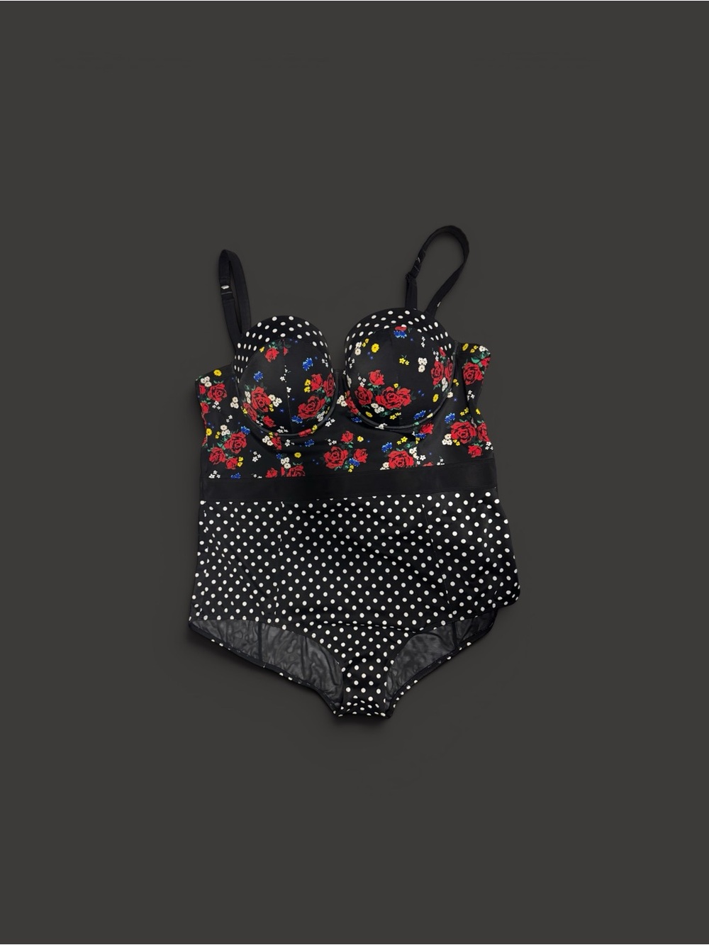 torrid Black Floral & White Polka Dot floral print One-Piece Swimsuit